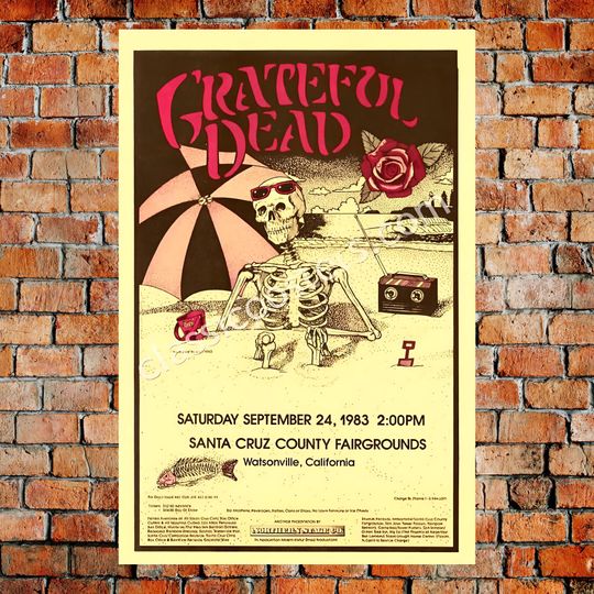 Grateful Dead Skeleton Beach Poster, 1983 Santa Cruz California Concert Wall Art