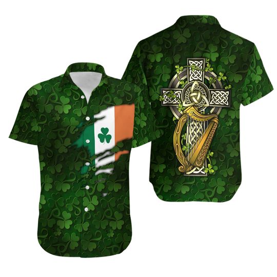 Irish Hawaiian Shirt / Irish Beach Shirt / Irish Hawaii Shirt / Irish Summer Shirt / Saint Patrick Day Shamrock Celtic Cross Irish Hawaiian