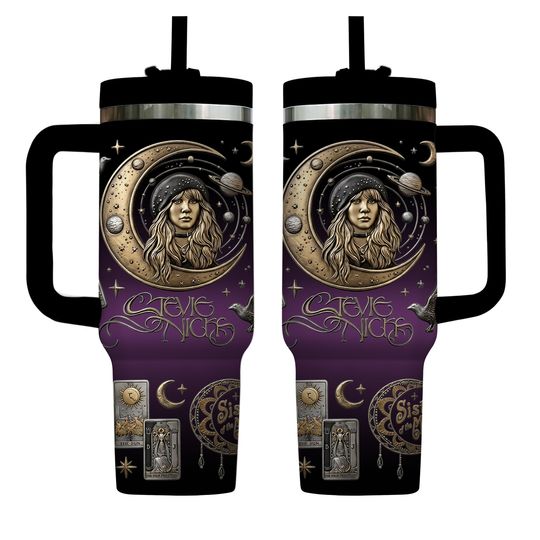 Stevie Nicks 40oz Tumbler With Handle Witchy Moon Vibes Insulated Cup Fleetwood Mac Fan Gift Boho Travel Mug Gypsy Style Iced Coffee Cup