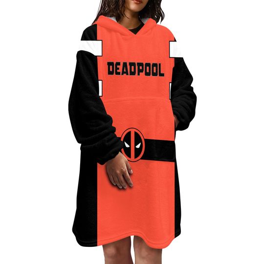 Marvel Deadpool Unisex Wearable Blanket Hoodie | Adults Pullover in Red and Black with Deadpool Mask Eyes on Hood