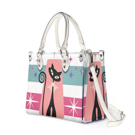 Stripes Atomic cat Handbag Tote - Black Cat Lover Gift, Women Leather Handbag, Women Gift