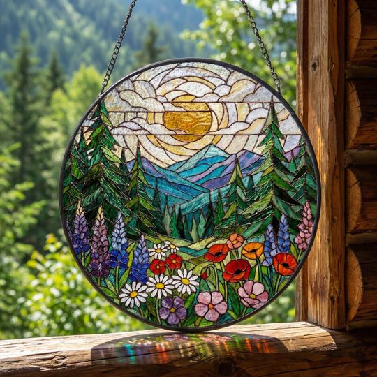 Discover Forest Mountain Stained Glass Suncatcher  Nature Window Hanging  Mothers Birthday Gift for Mom
