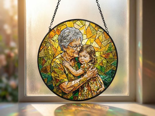 Discover Personalized Grandma Photo Suncatcher  Custom Family Portrait Stained Glass Keepsake  Mothers Day Gift
