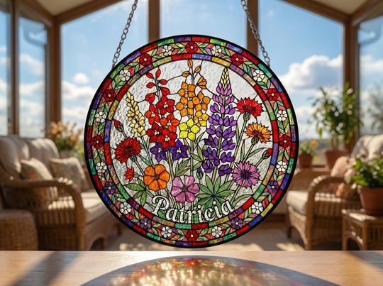 Discover Custom Name Flower Suncatcher  Colorful Stained Glass Window Decor  Birthday Gift for Her