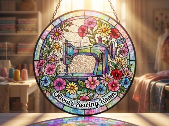 Discover Personalized Sewing Suncatcher  Custom Craft Room Stained Glass Art  Quilter Window Decor Gift for Sewing Lovers