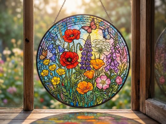 Discover Custom Wildflower Stained Glass Suncatcher  Spring Floral Window Hanging with Butterfly  Personalized Garden SunCatcher Decor