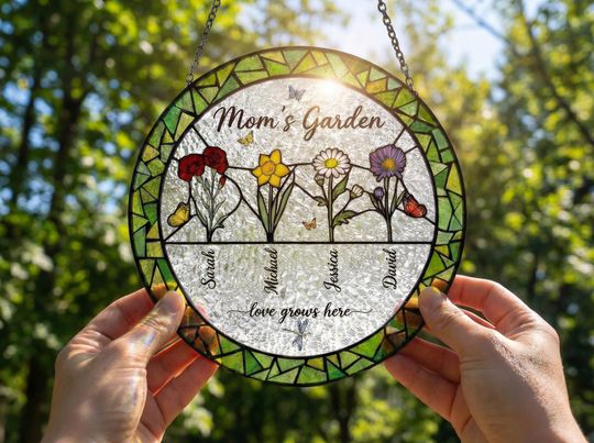 Discover Personalized Birth Flower Suncatcher  Custom Mom's Garden Stained Glass Art  Birthday Gift for Her