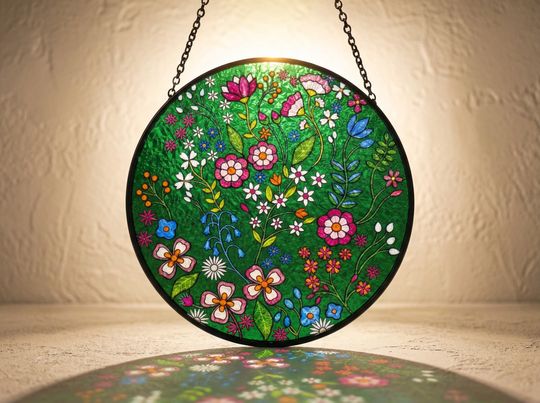Discover Forest Emerald Suncatcher  Embroidered-Style Floral Stained Glass Window Hanging  Boho Folk Art Gift