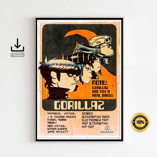 Discover Vintage Gorillaz Fan Art Poster, Rock Music Wall Decor, Trip Hop Fan Gift