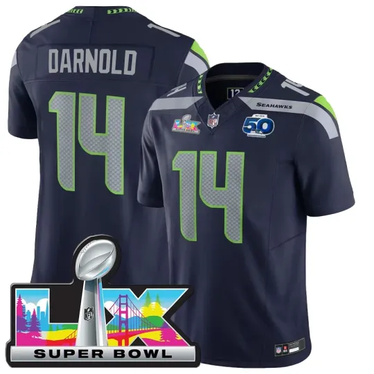 Discover Men Seahawks Sam Darnold #14 Navy Super Bowl LX Patch Season Stitched Jersey