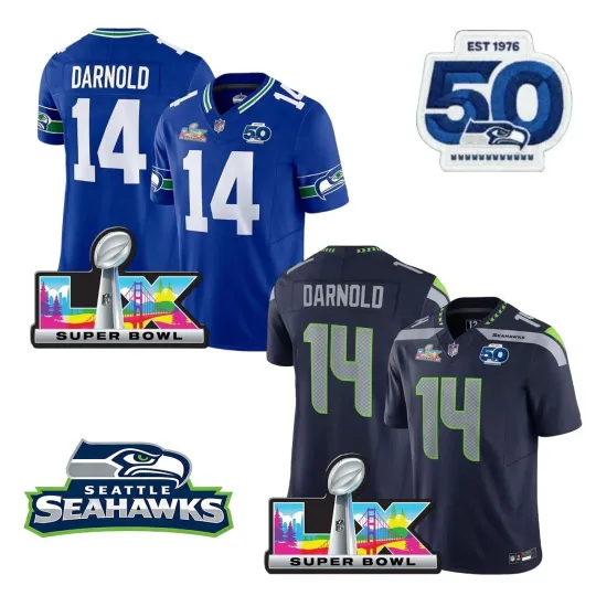 Discover Men Seahawks Sam Darnold #14 Super Bowl LX Patch Season Stitched Jersey