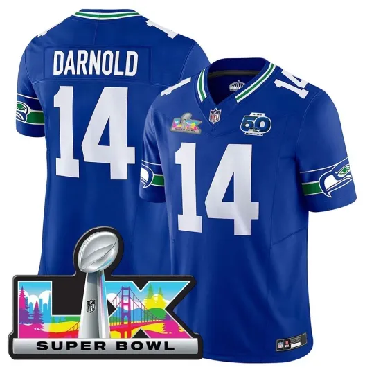 Discover Men Seahawkss Sam Darnold #14 Royal Super Bowl LX Jersey