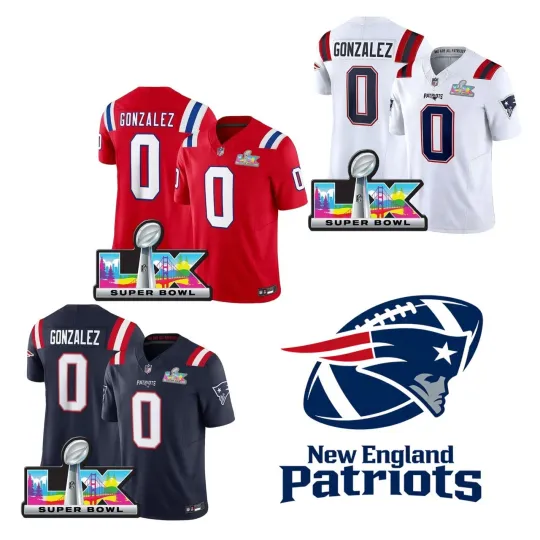 Discover Men Patriotss #0 Christian Gonzalez Super Bowl LX Jersey