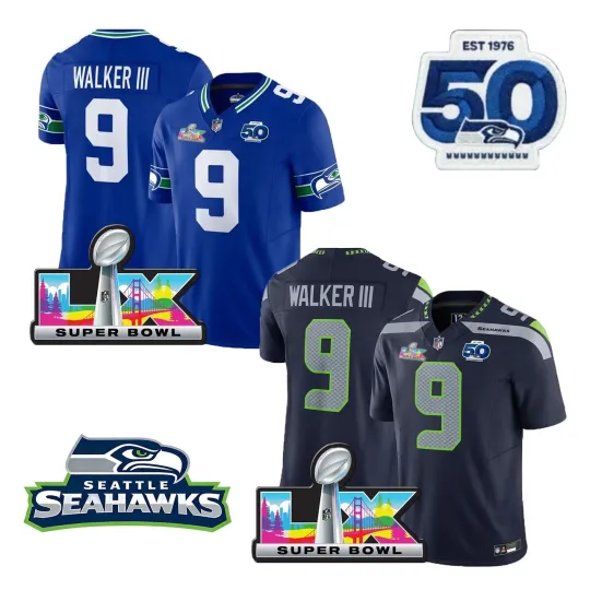 Discover Men Seahawks Kenneth Walker III #9 Super Bowl LX Patch Season Stitched Jersey