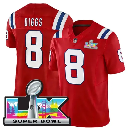 Discover Men Patriots #8 Stefon Diggs Super Bowl LX Patch Limited Stitched Jersey
