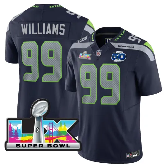 Discover Seahawkss Leonard Williams #99 Navy Super B.owl LX Jersey