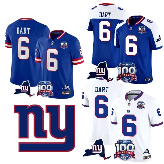 Discover Men's Giants 6 Jaxson Dart 100th Alternate RoyalWhite Stitched Jersey S-3XL