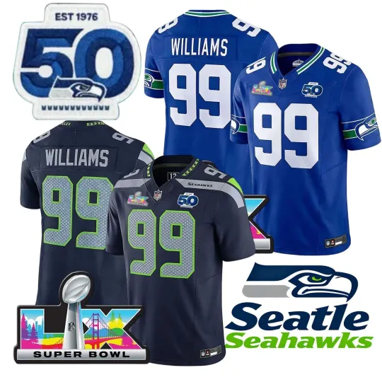 Discover Seahawks Men's #99 Leonard Williams 50th /Super Bowl LX Patch Game Jersey