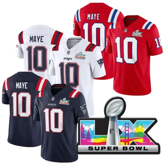 Discover Patriots Mens/Youth #10 Drake Maye Super Bowl LX Patch Game All Stitched Jersey