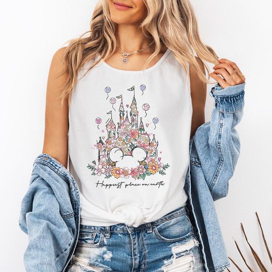 Happiest Place Floral Castle Tank Top, Disney Spring Shirt, Magic Kingdom Girls Trip, Disney Princess Castle shirt