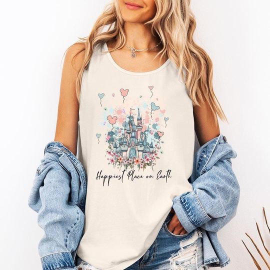 Discover Happiest Place on Earth Balloons Tank Top, Disney Parks World Shirt, Disney Castle Shirt, Magic Kingdom Disney Vacay tee