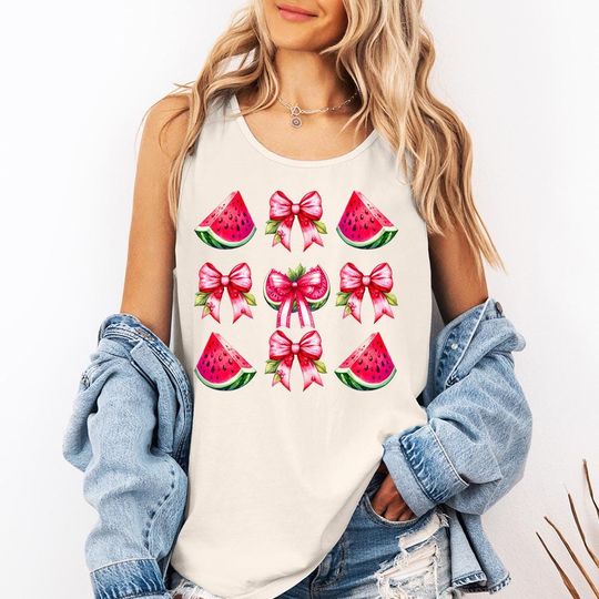 Discover Coquette Watermelon Tank Top, Cute Watermelon Bow Shirt, Watermelon Floral Shirt, Cute Fruit Girly Summer Vibes Watermelon tee