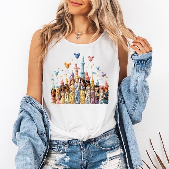 Discover Faux Crochet Princess Castle Tank Top, Disney Princess Shirt, Magic Kingdom Girls Trip, Disney Retro Fairytale Shirt