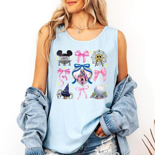 Discover Disney Parks Coquette Pink Bows Tank Top, Disney Parks World Shirt, Disney Castle Shirt, Magic Kingdom Shirt, 4 Parks tank