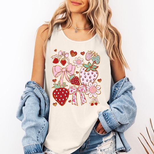 Discover Boho Strawberry Coquette - Comfort Colors Tank, Strawberry Floral Cute Bow Graphic tee, Cottagecore Aesthetic, Trendy Girly Summer Fruit tee