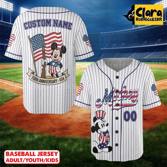 Discover Custom Mickey USA Baseball Jersey, Patriotic America 250th Anniversary Shirt, Personalized Name Number 4th of July Baseball Jersey