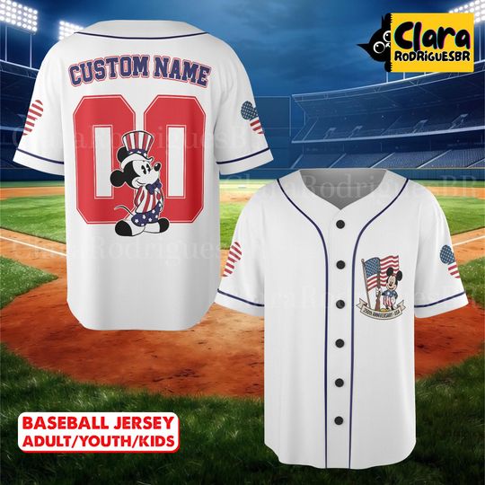 Discover Custom Patriotic Mouse Baseball Jersey, USA Flag Shirt, Personalized Name & Number Jersey, Adult Youth Kids Game Day Gift