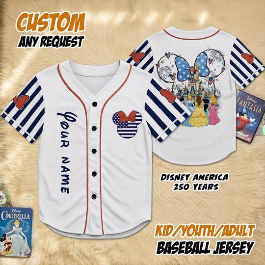 Disney America 250 Years Baseball Jersey, Patriotic Minnie Castle Shirt, Custom Name USA 1776-2026 Disney Family Trip Jersey