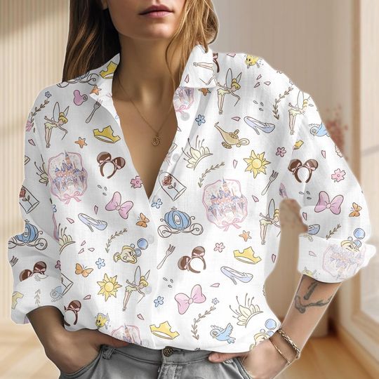 Discover Vintage Disney Coquette Bow Linen-Look Shirt, Disney Floral 2026 Women Shirt, Disney Trip 2026 Blouse Shirt, Magic Castle Casual Shirt