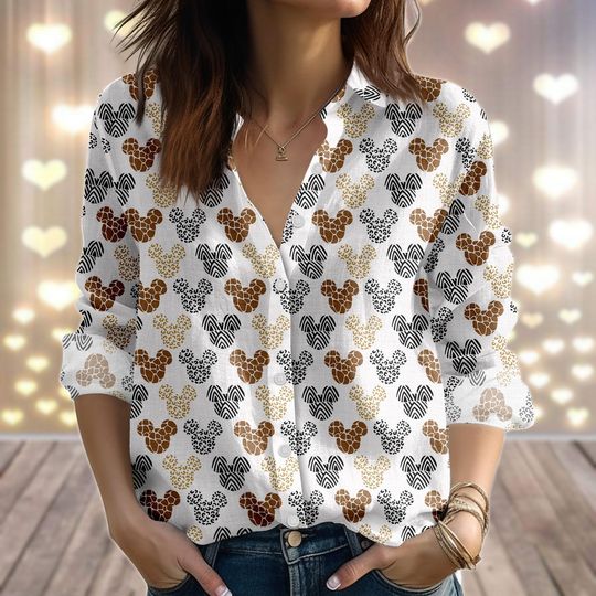 Discover Vintage Mickey Minnie Linen-Look Shirt, Disney Trip 202 Women Shirt, Disneyland Blouse Shirt, Retro Mickey Head Casual Shirt For Her
