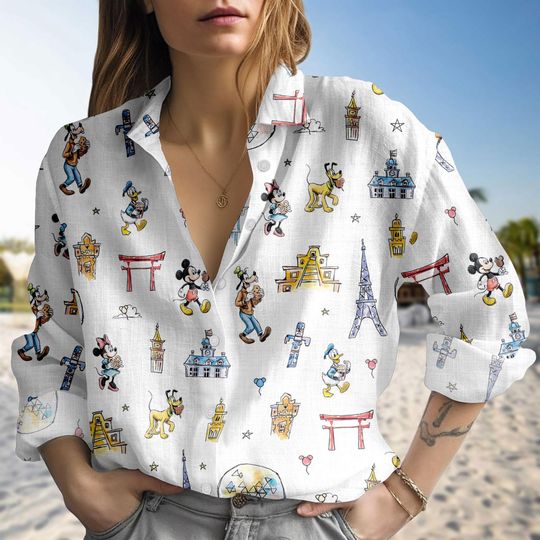 Discover Mickey Mouse Blouse Shirt, Disney Linen-look Shirt, Cartoon Button Down Blouse, Disney Vacation Shirt, Birthday Gift