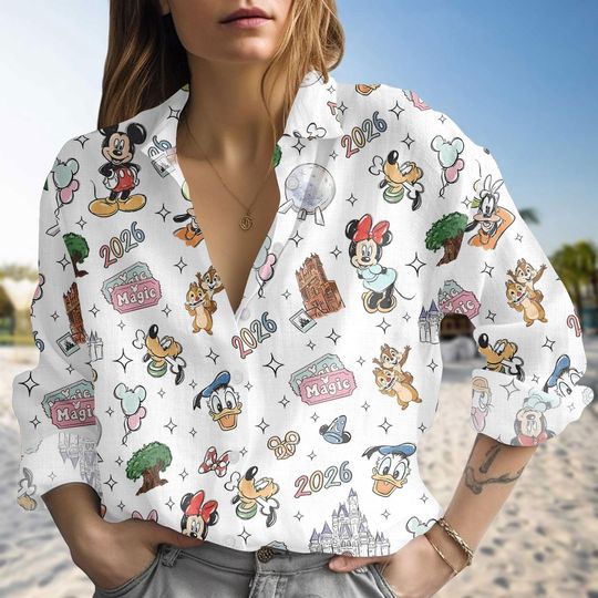 Discover Disney Characters Blouse Shirt, Magic Kingdom Linen-look Shirt, Mickey Button Down Blouse, Vacation Shirt, Gift for Disney Fans