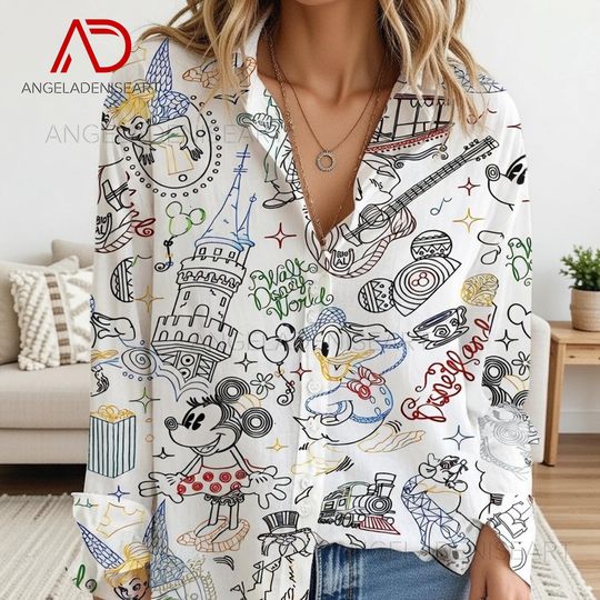 Discover Mickey & Friends Sketch Button Up Shirt | Vintage Disney Casual Womens Top | Donald Minnie Retro Blouse