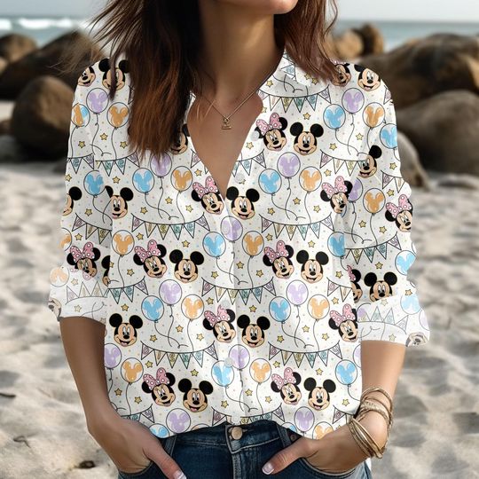 Discover Disney Mickey Minnie Balloons Blouse Shirt, Walt Disneyworld Casual Shirt, Long Sleeve Shirt For Women