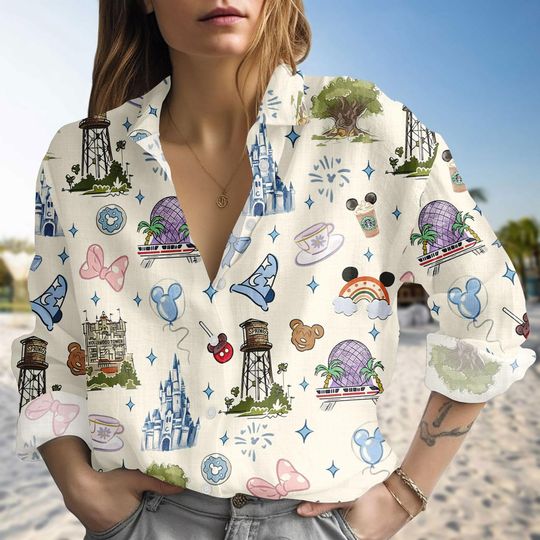 Discover Disney Theme Blouse Shirt, Magical Linen-look Shirt, Iconic Button Down Blouse, Amusement Park Vacation Shirt, Magical Gift