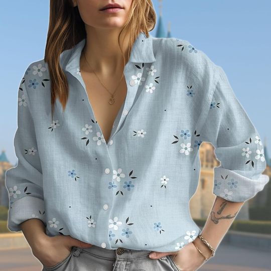 Discover Blue Floral Blouse Shirt, Light Blue Button Down Shirt Women, Long Sleeve Spring Top, Casual Office Shirt, Vintage Style Floral Shirt