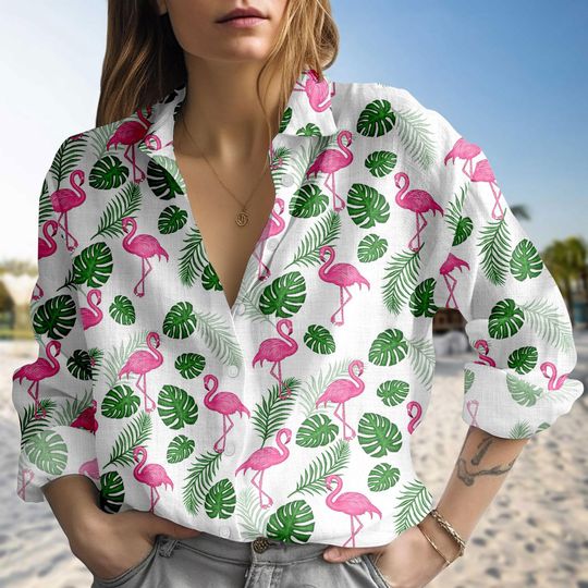 Discover Flamingo Blouse Shirt, Tropical Flamingo Button Up Shirt, Cute Bird Top, Summer Beach Vacation Shirt, Pink Flamingo Outfi