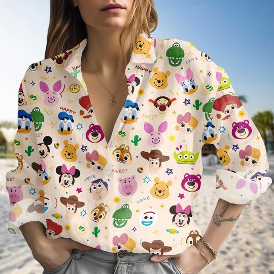 Discover Disney Cartoon Blouse Shirt, Fun Characters Linen-look Shirt, Toy Story Button Down Blouse, Kids Vacation Shirt, Birthday Gift