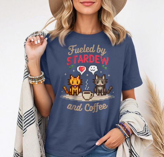 Stardew Valley Shirt, Fueled by Stardew and Coffee Tee, Cozy Gamer Gift, Pixel Art Cat Shirt, Video Game Apparel