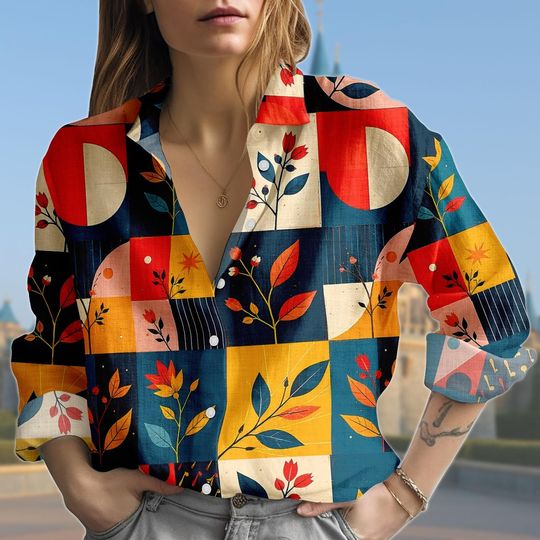 Discover Geometric Floral Blouse Shirt, Retro Abstract Flower Button Down Top, Color Block Botanical Shirt for Women, Bold Modern Pattern Shirt