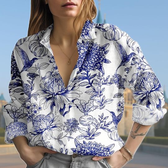 Discover Blue Floral Blouse Shirt, Long Sleeve Button Down Top, Elegant Botanical Shirt Women, Garden Flower Pattern Shirt, Spring Summer Outfit