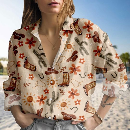 Discover Western Cowgirl Blouse Shirt, Retro Cowboy Boots And Cactus Top, Country Western Button Up Shirt, Rodeo Linen-look Shirt, Western Shirt