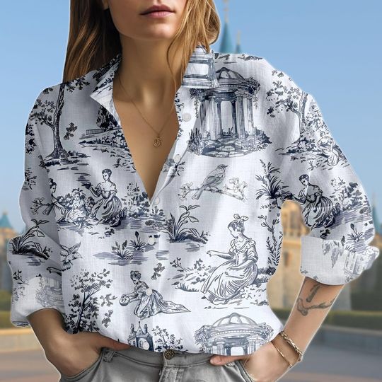 Discover Toile De Jouy Blouse Shirt, French Button Down Top, Elegant Country Scene Shirt, Long Sleeve Cottagecore Blouse, Parisian Style Outfit