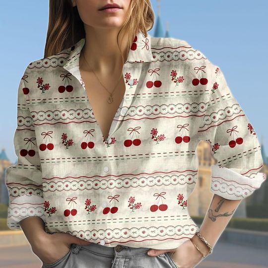 Cherry Blouse Shirt, Red Fruit Button Down Top, Summer Picnic Blouse Women, Vintage Cherry Shirt, Cottagecore Top, Sweet Retro Blouse