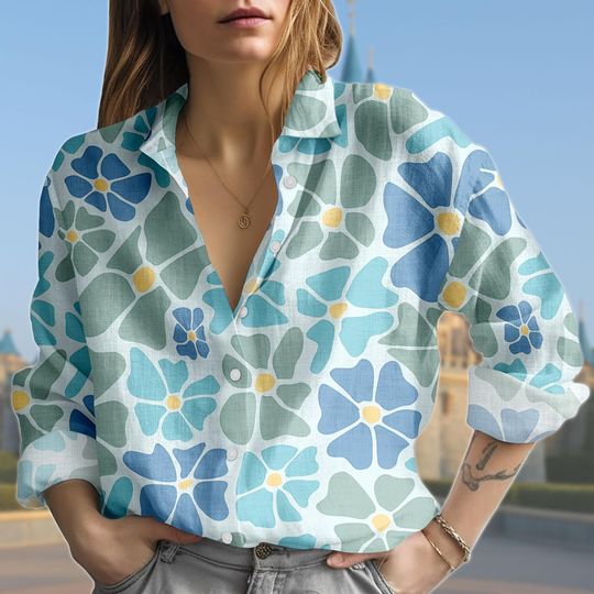 Discover Blue And Teal Abstract Floral Blouse Shirt, Retro Flower Button Down, Vintage 70s Style Top Women, Geometric Floral Long Sleeve Shirt
