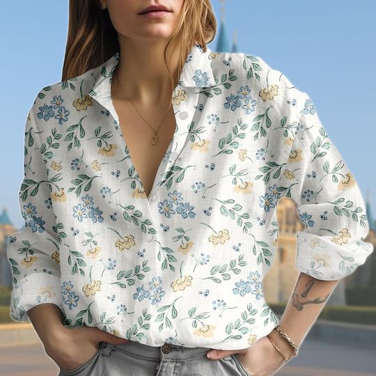 Discover Blue Daisy And Yellow Bird Blouse Shirt, Nature Print Button Down Top, Whimsical Botanical Animal Shirt, Cottagecore Style Blouse
